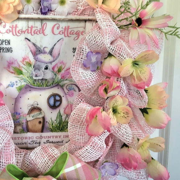 Spring Floral Bunny Wreath Bow Wreath Deco Mesh Farmhouse Cottage - Picture 6 of 8